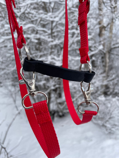 Red hobby horse bridle showing the leather bit on a snowy background