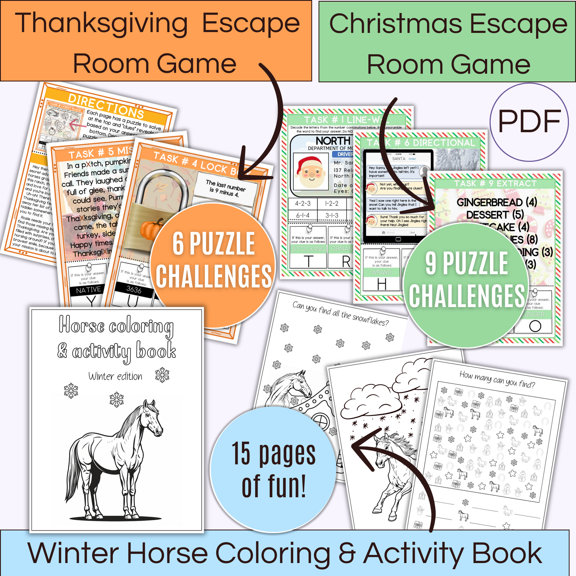 Holiday activity bundle of thanksgiving escape room game, christmas escape room game and winter horse coloring and activity book
