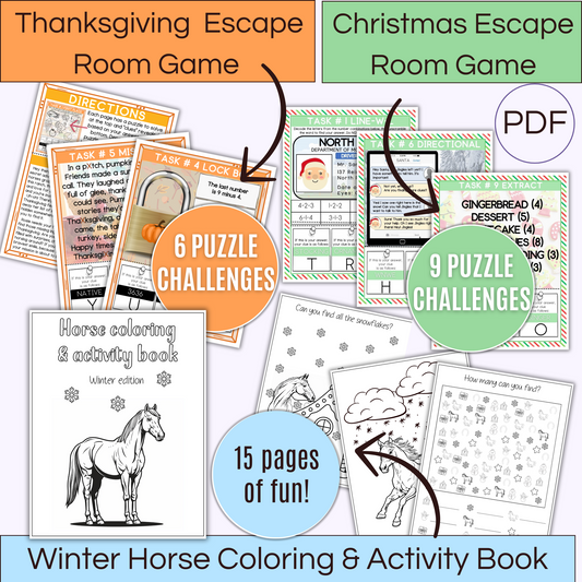 Holiday activity bundle of thanksgiving escape room game, christmas escape room game and winter horse coloring and activity book