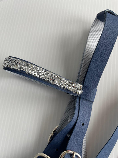 Blue leather bridle with silver embellishments on a white background