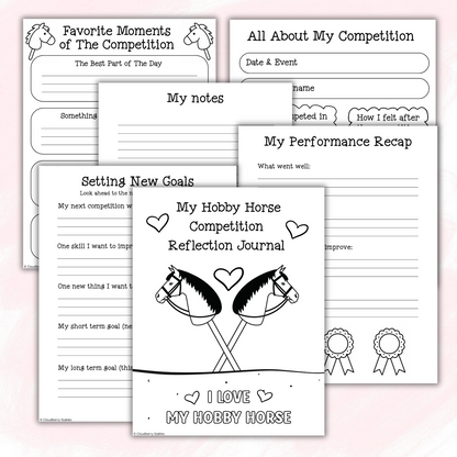 Picture of Hobby Horse Competition Reflection Journal of 6 pages. Pages are black and white and some have images such as hobby horses, hearts and rosettes on them as well as text. Light pink background.