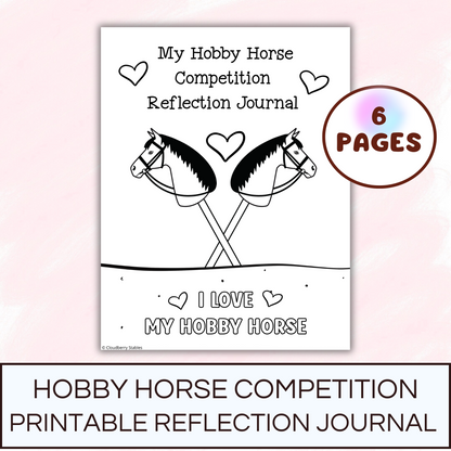 Picture of Hobby Horse Competition Reflection Journal cover that has 2 hobby horses and hearts on it. Light pink background.