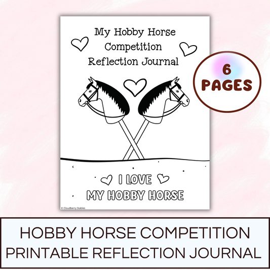 Picture of Hobby Horse Competition Reflection Journal cover that has 2 hobby horses and hearts on it. Light pink background.