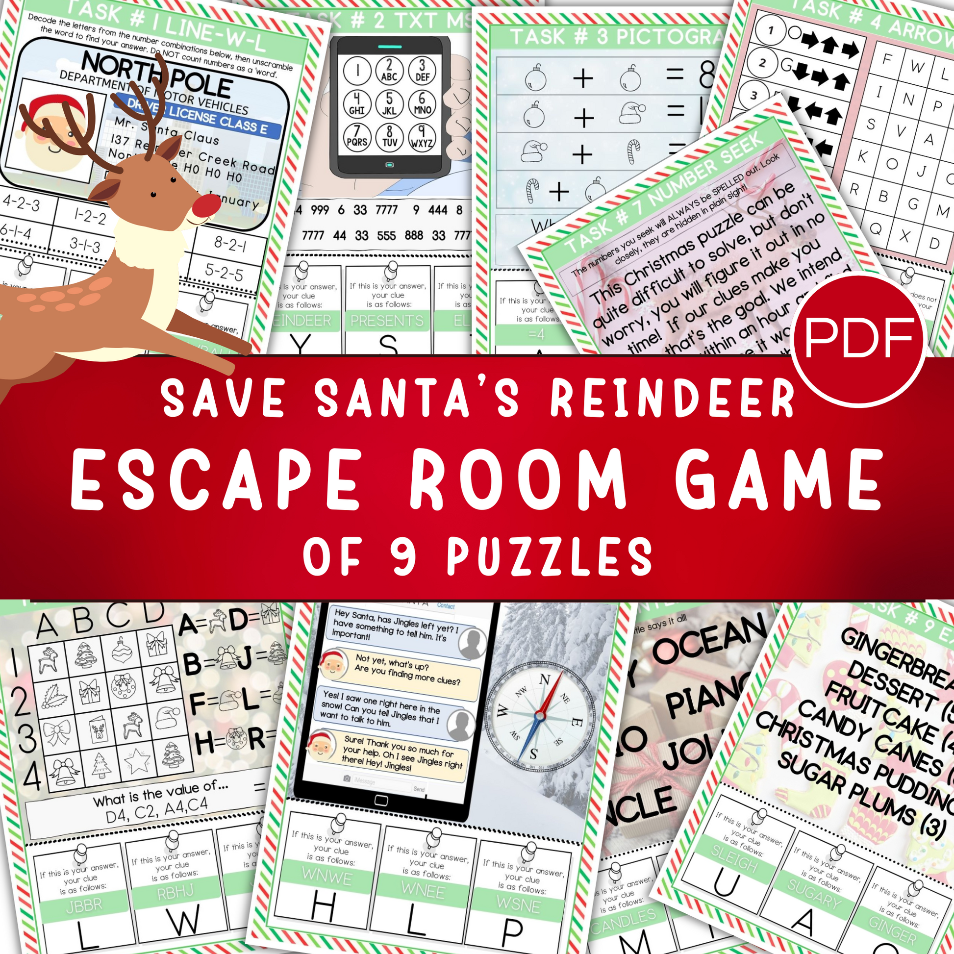 Fun Christmas escape room game for kids of 9 puzzles. showing 9 pages. Picture of reindeer on the left. Red banner in the middle.