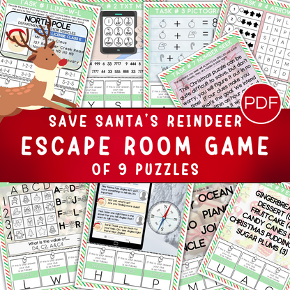 Fun Christmas escape room game for kids of 9 puzzles. showing 9 pages. Picture of reindeer on the left. Red banner in the middle.