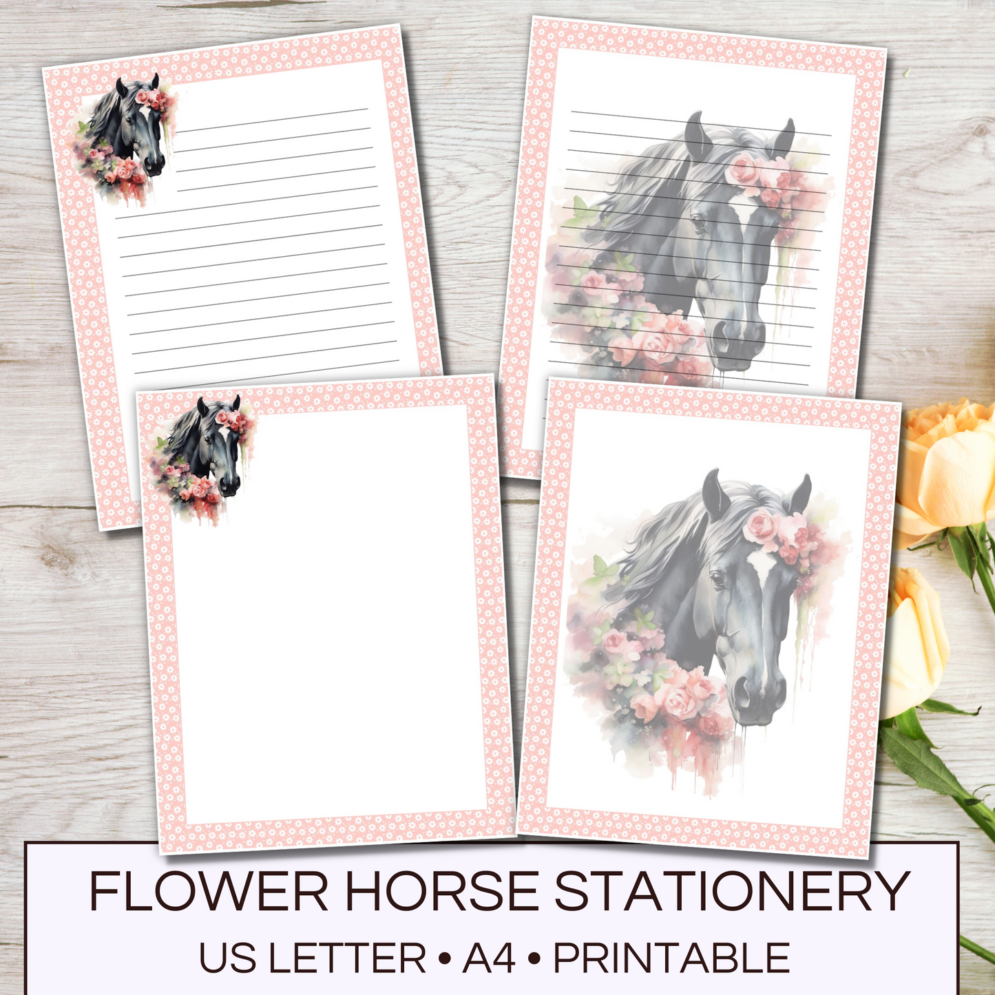 Flower horse stationery paper, printable  horse writing paper of 4