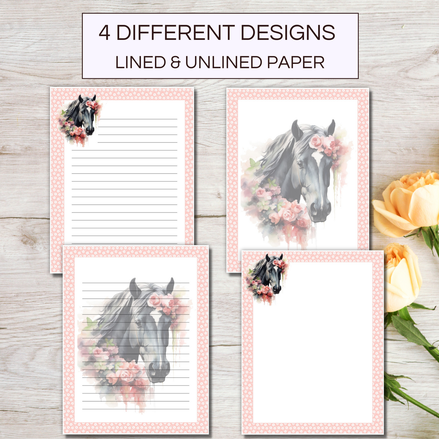 Flower horse stationery paper, printable  horse writing paper of 4