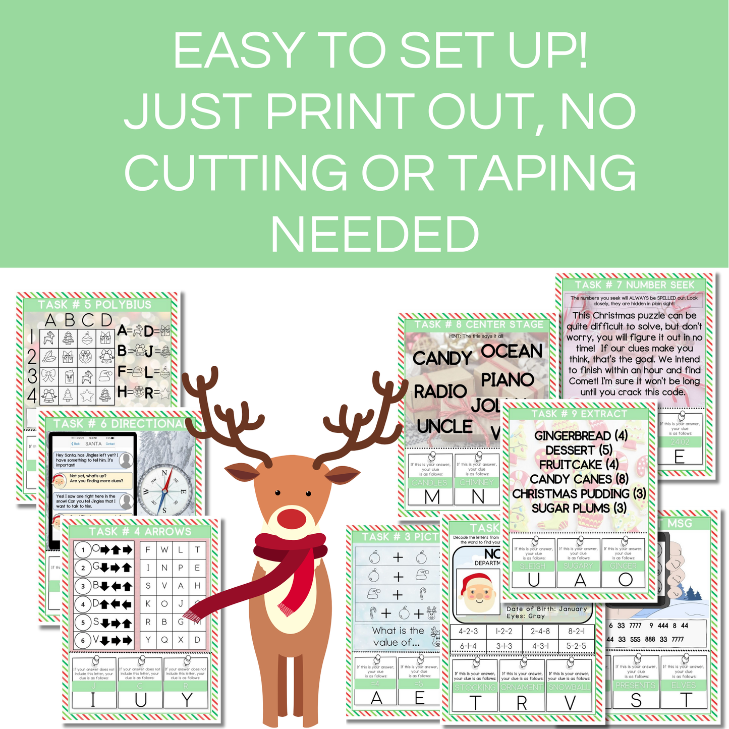 Fun Christmas escape room game for kids of 9 puzzles. showing 9 pages. Picture of reindeer in the middle. Green and white background,