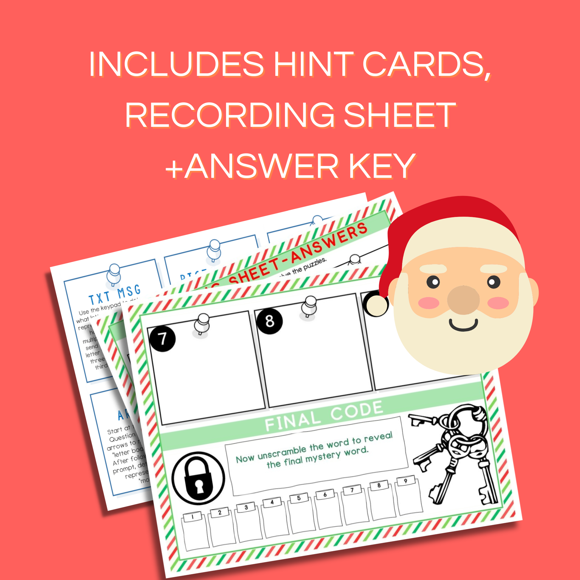 Fun Christmas escape room game for kids of 9 puzzles. showing hint cards, recording sheets and answer keys. Picture of Santa in the middle.