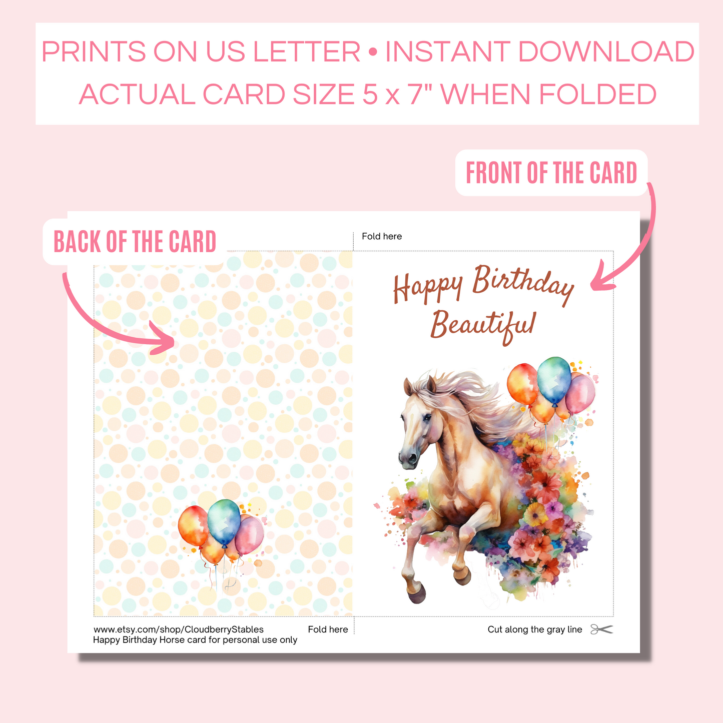 printable Happy Birthday horse card on a pink background. The horse is light brown and has flowers and balloons around it.