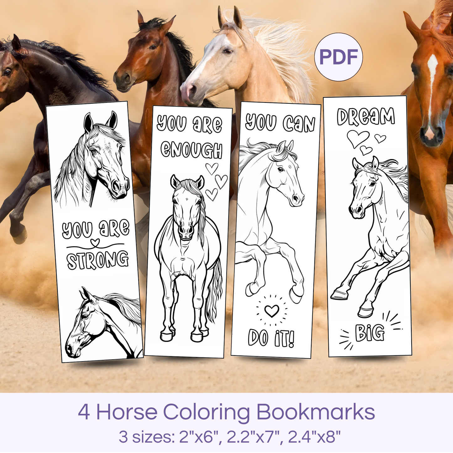 4 printable horse coloring bookmarks for kids and adults