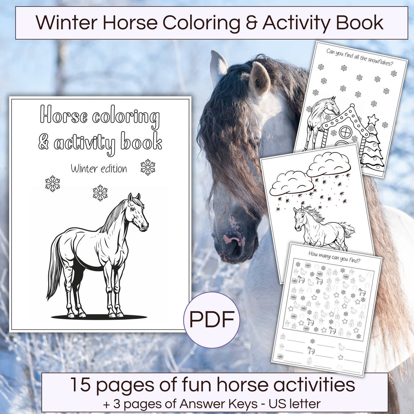 Printable winter horse coloring and activity book for kids. Picture of a horse on a background.