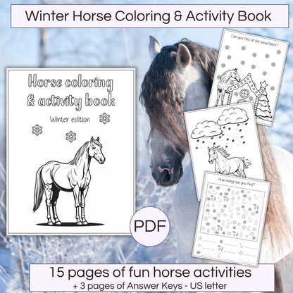 Printable winter horse coloring and activity book for kids. Picture of a horse on a background.