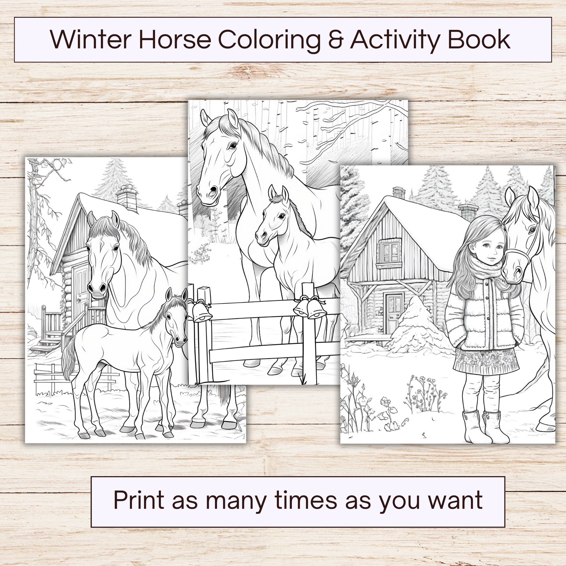 Printable winter horse coloring and activity book for kids. Showing 3 coloring pictures of horses.