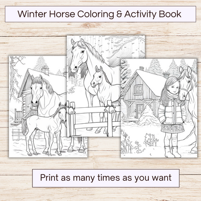 Printable winter horse coloring and activity book for kids. Showing 3 coloring pictures of horses.