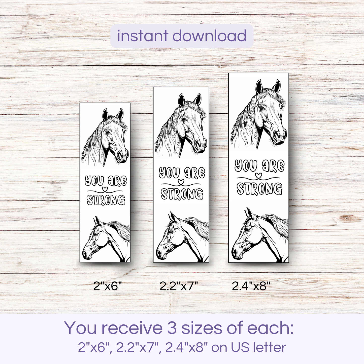 showing 3 sizes for printable horse coloring bookmarks