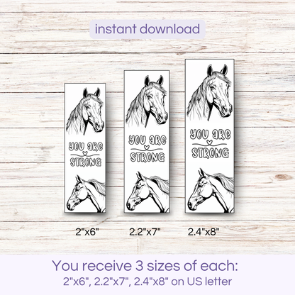 showing 3 sizes for printable horse coloring bookmarks