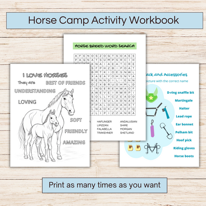 Horse camp activity book showing 3 pages 