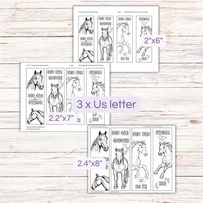 horse bookmarks on a US letter size paper in 3 different sizes