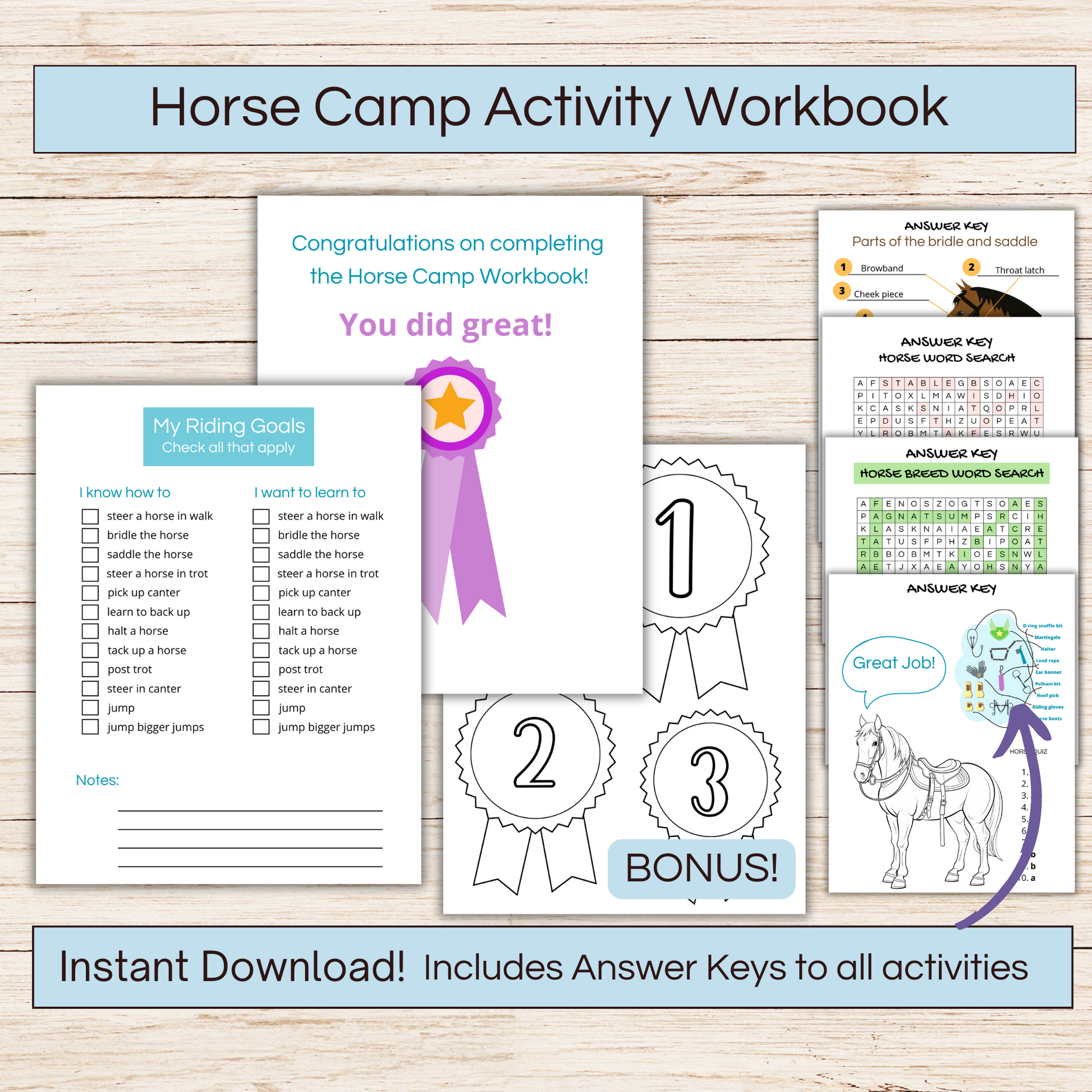 Horse camp activity book showing 3 pages and asnwer keys plus bonus page