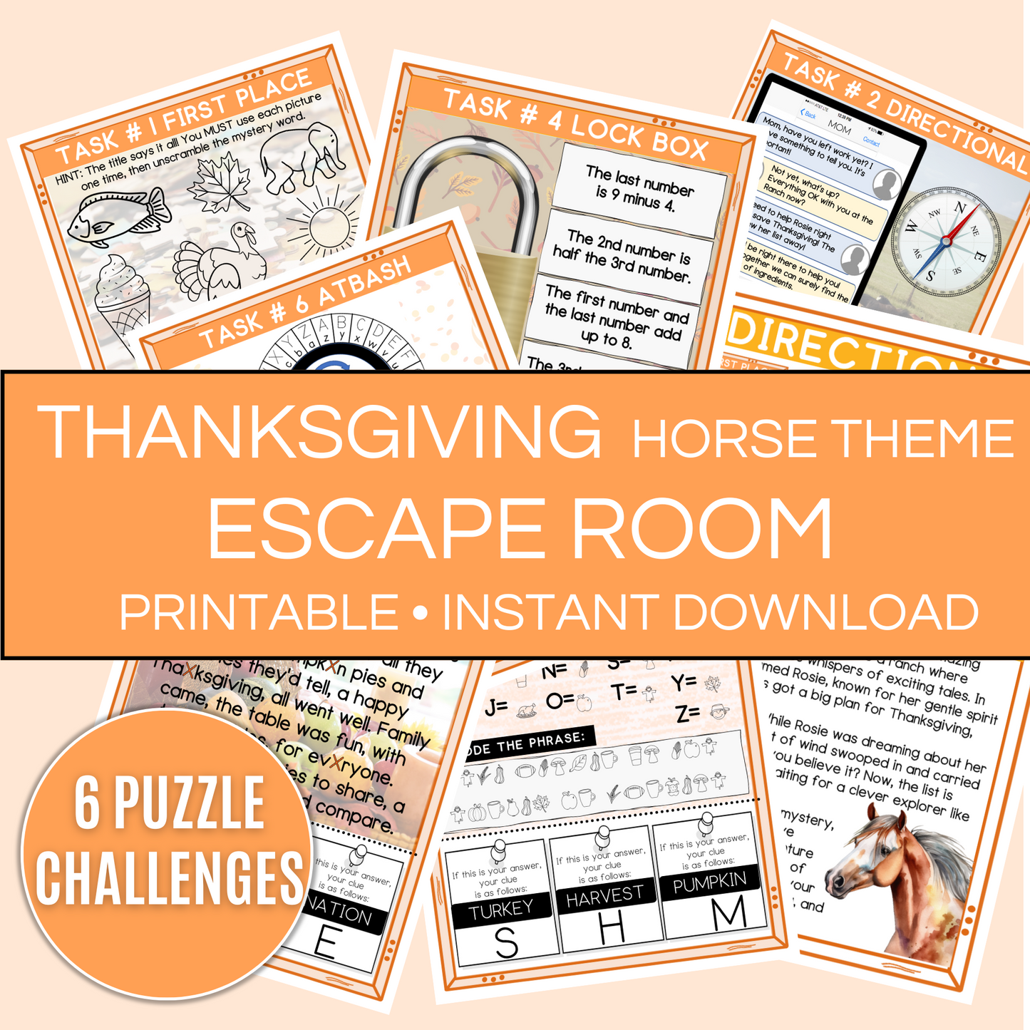 Thanksgiving horse theme escape room game of 6 puzzles