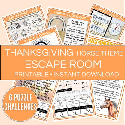 Thanksgiving horse theme escape room game of 6 puzzles