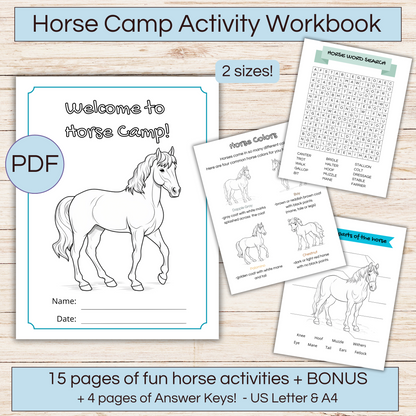 Horse camp activity and coloring workbook -US letter and A4