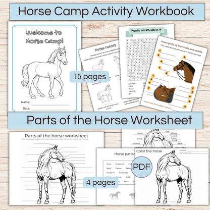 Printable horse camp activity workbook and parts of the horse worksheet bundle