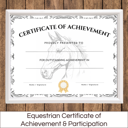  Equestrian certificate of achievement on a dark wooden background. Certificate has a picture of horse in the middle and a golden ribbon below it.
