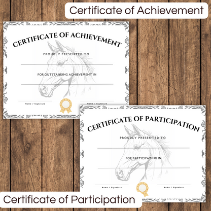 2 horse certificates on a dark wooden background. Equestrian certificate of achievement and horse certificate of participation.
