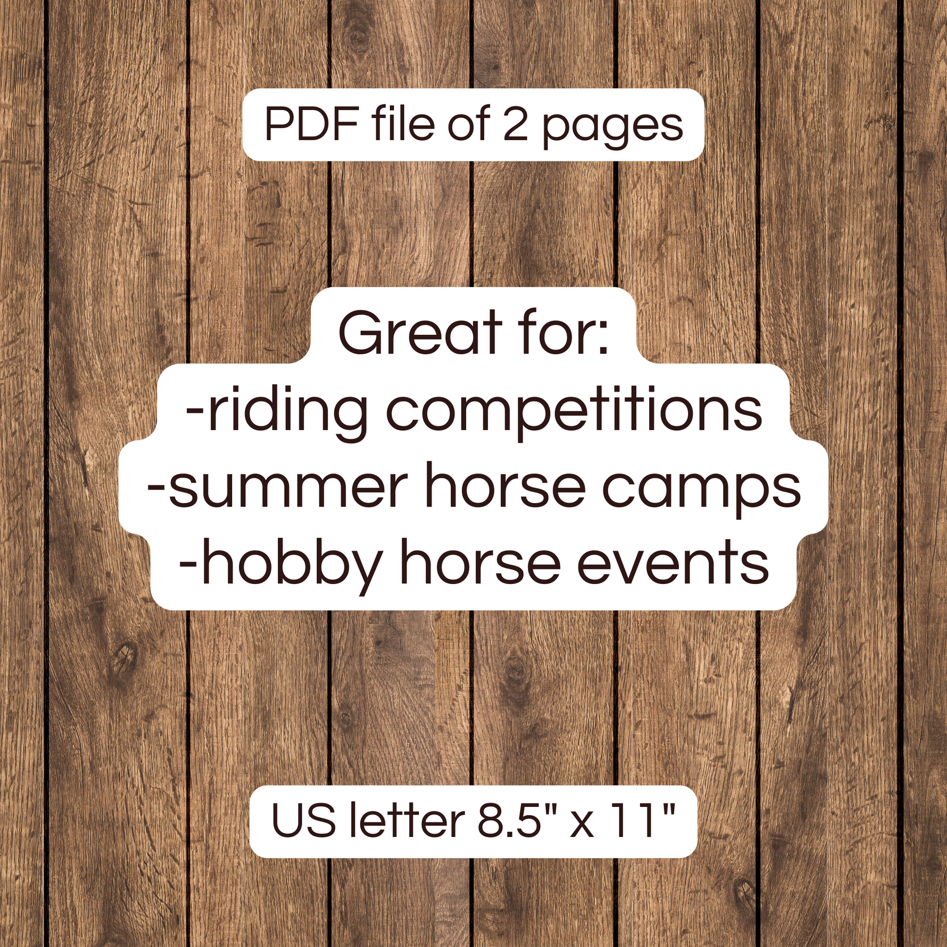 What the horse certificate is great for:
-riding competitions
-summer horse camps
-hobby horse events
Text on a dark wooden background. 