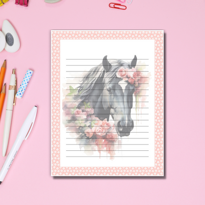 Flower horse stationery paper, printable  horse writing paper