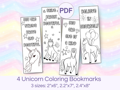 4 Printable Unicorn coloring bookmarks