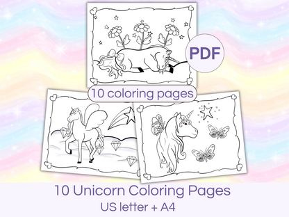 Printable cute and unique unicorn coloring pages main listing image showing 3 pictures of unicorns