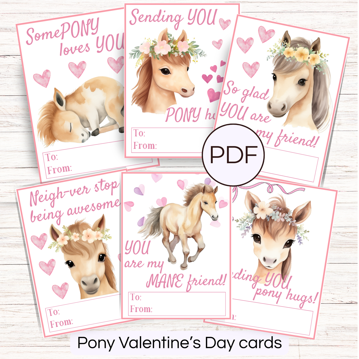 Pony Valentine's Day cards printable with cute illustrations and text on a white background.