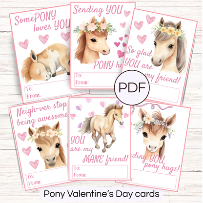 Pony Valentine's Day cards printable with cute illustrations and text on a white background.