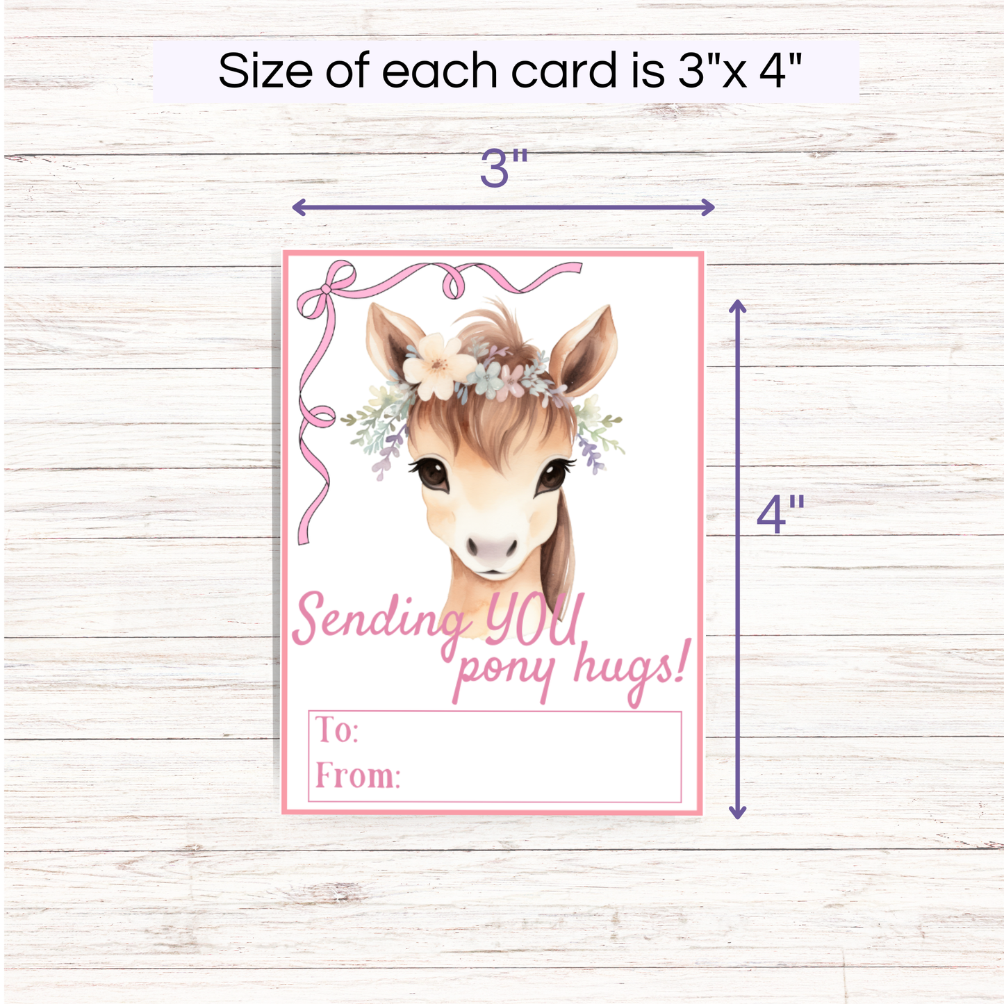 Card with a horse illustration and text 'Sending YOU pony hugs!' on a wooden surface with dimensions indicated.
