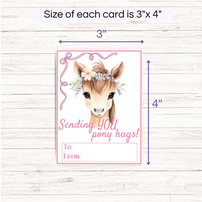 Card with a horse illustration and text 'Sending YOU pony hugs!' on a wooden surface with dimensions indicated.