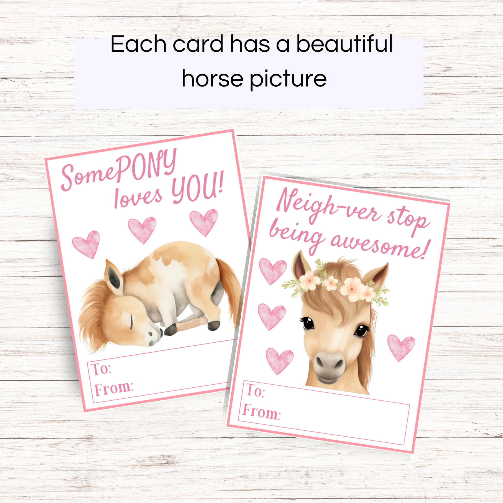 Two horse-themed Valentine's Day cards with cute illustrations and text on a wooden surface.