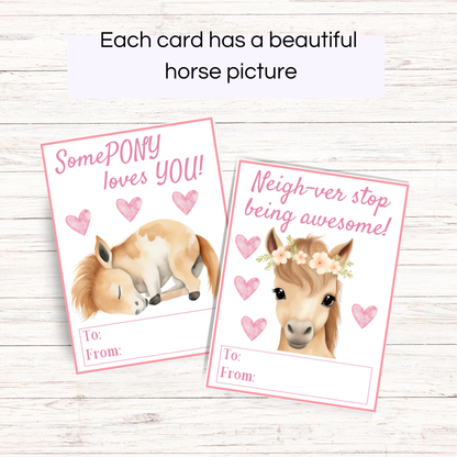 Two horse-themed Valentine's Day cards with cute illustrations and text on a wooden surface.