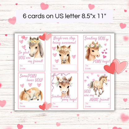 Set of 6 pony-themed Valentine's Day cards on US letter paper with heart decorations.