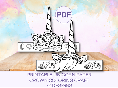 2 Unicorn paper crown crafts. 1 with unicorn horn and flowers and 1 with unicorn horn andcrown