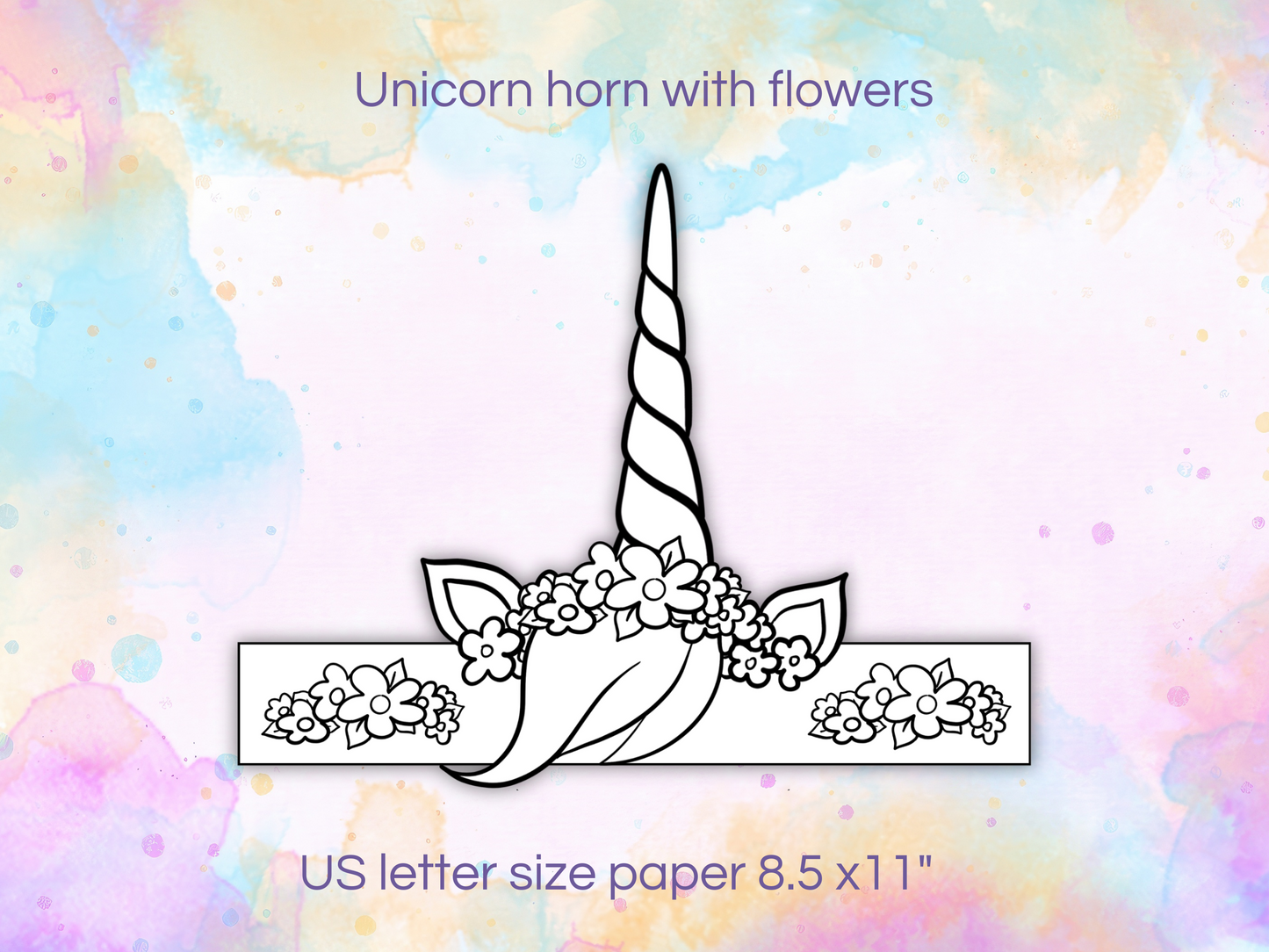Unicorn paper crown with horn and flowers