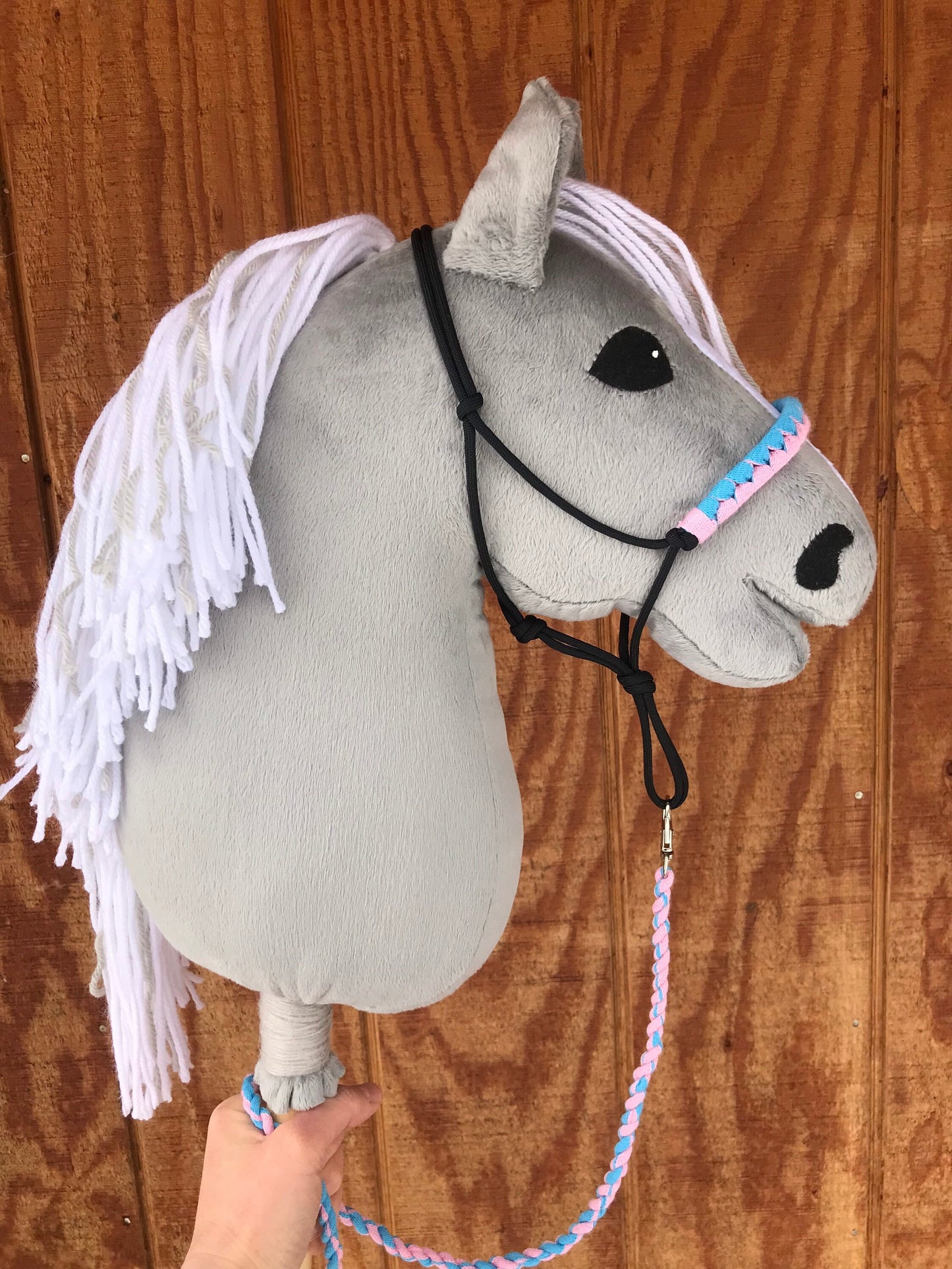 Hobby horse gray with rope halter, Gray hobby horse with tack, handmade free shipping in the USA, stick horse gray