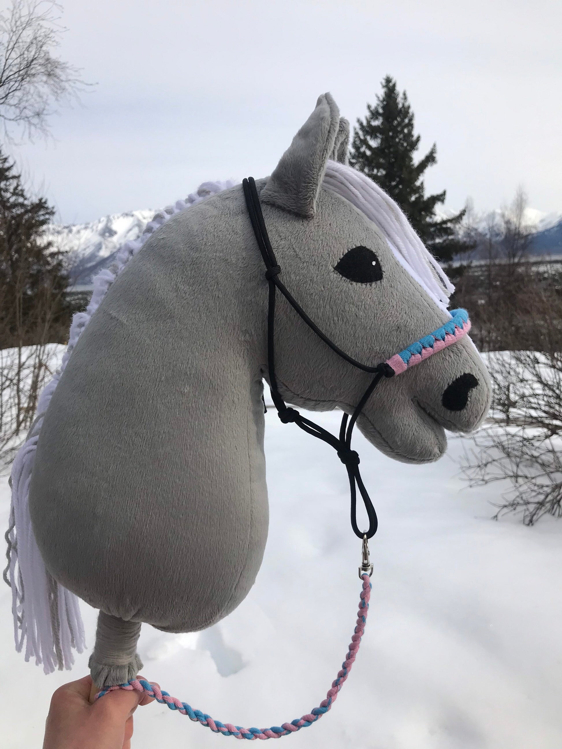 Hobby horse gray with rope halter, Gray hobby horse with tack, handmade free shipping in the USA, stick horse gray