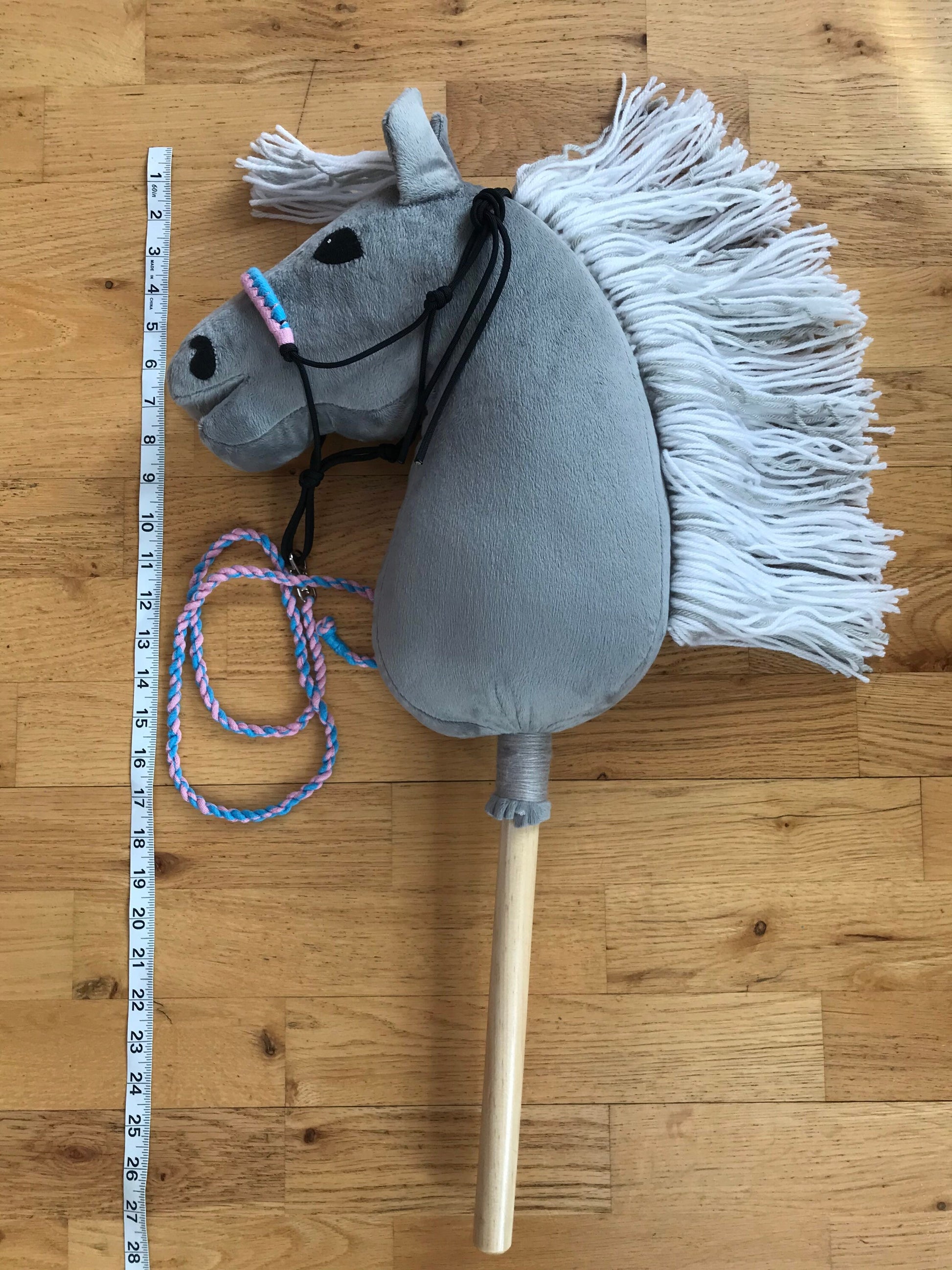 Hobby horse gray with rope halter, Gray hobby horse with tack, handmade free shipping in the USA, stick horse gray