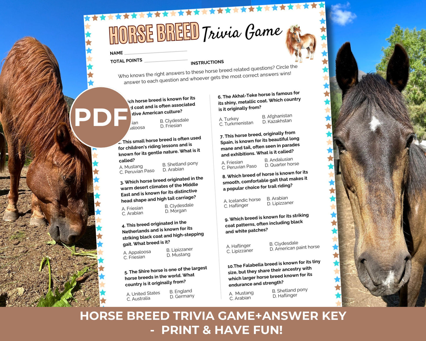 Printable Horse Breed Trivia Game, Equestrian Trivia, Equestrian Learning, Horse Birthday Party Game, Printable Horse Quiz, Horse Trivia