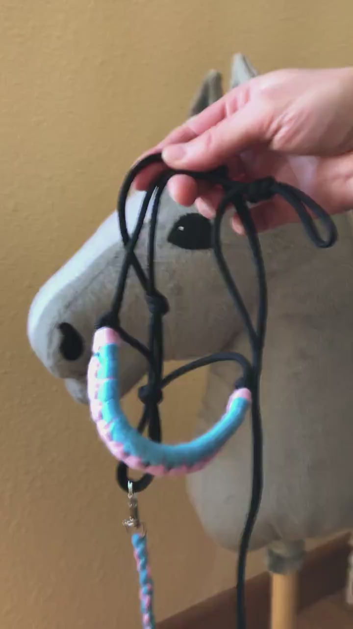 Rope halter and lead rope for hobby horse pink blue, hobby horse tack