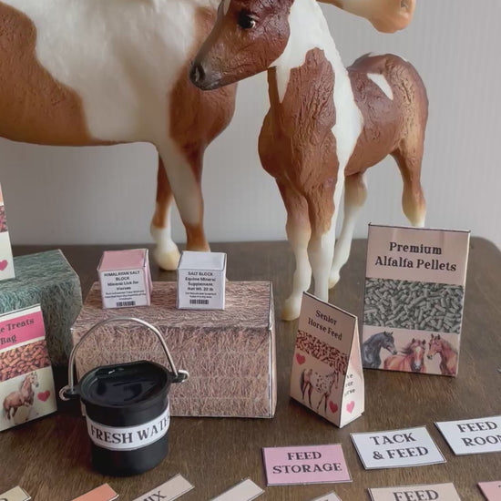 Miniature horse feed packs on the front, 2 model horses on the background