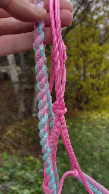 Hobby horse halter pink and lead rope on a green nature background. Halter is being held in a hand and it is hanging. 